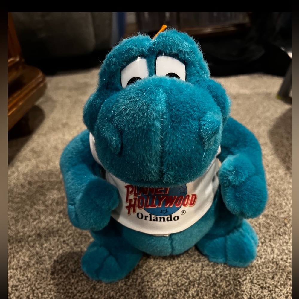 Vintage 90s Planet Hollywood Blue Dinosaur Stuffed Plush Animal w Orlando Shirt